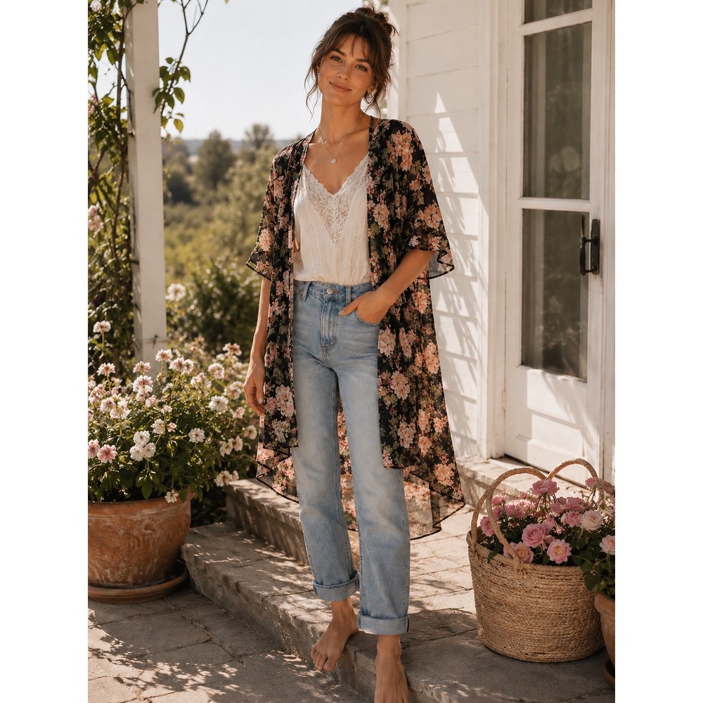 Liberty Love Romantic‎ Sheer Femine Floral Kimono Duster Top 2XL Retro Layering